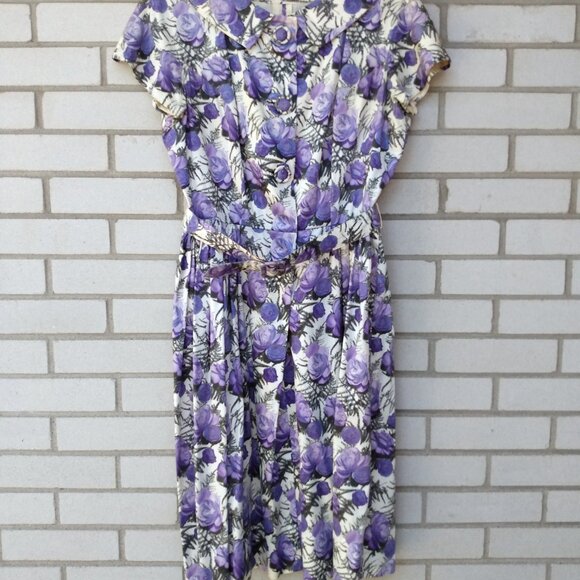 Vintage 50s Purple Rose Dress 42" Bust 28.5" Waist Rockabilly Tea Party 60s - Picture 3 of 16